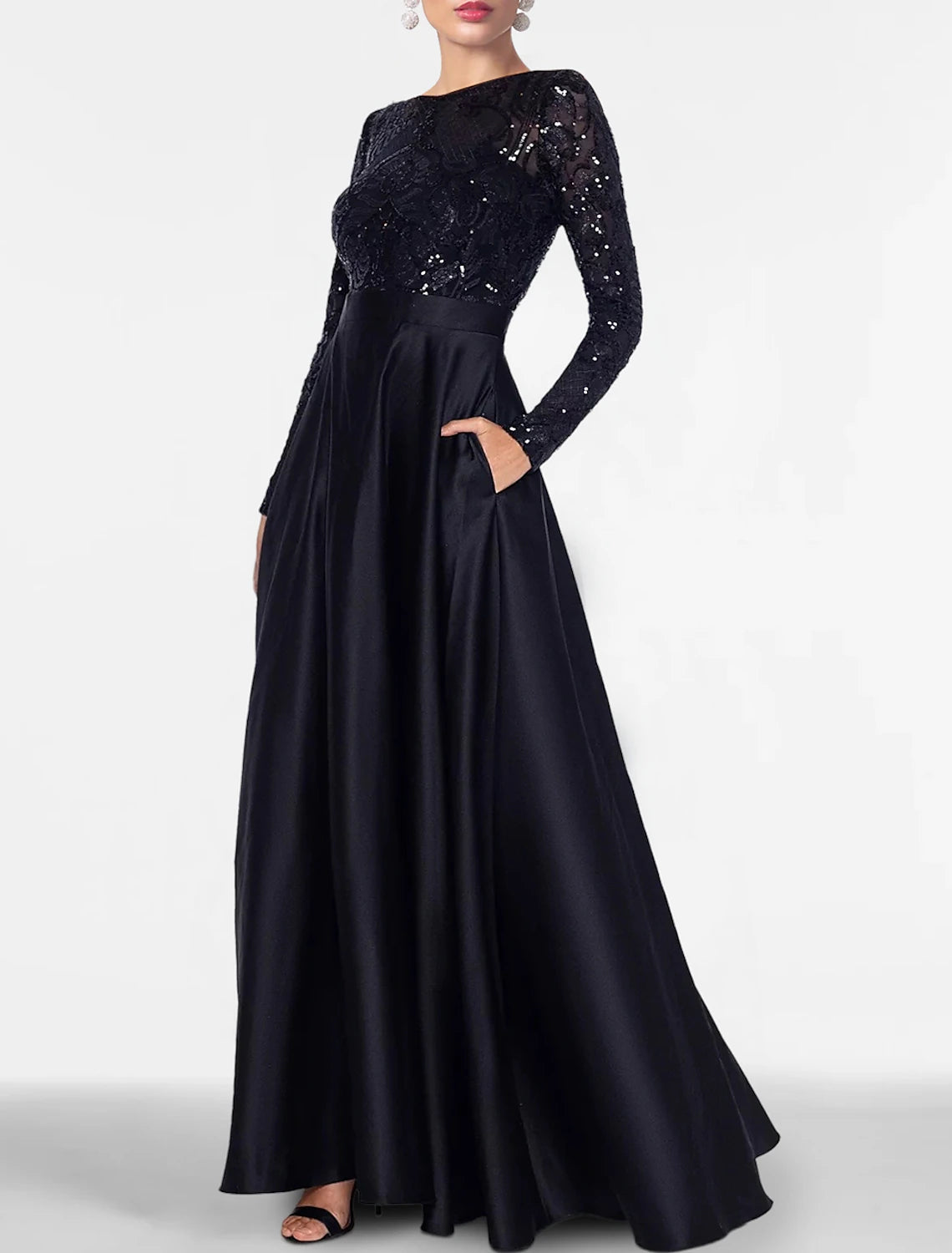 A-Line Evening Gown Elegant Black Dress Plus Size Formal Sequin Satin Dress Black Tie Floor Length Long Sleeve Off Shoulder Fall Wedding Guest with Slit Pocket 2024