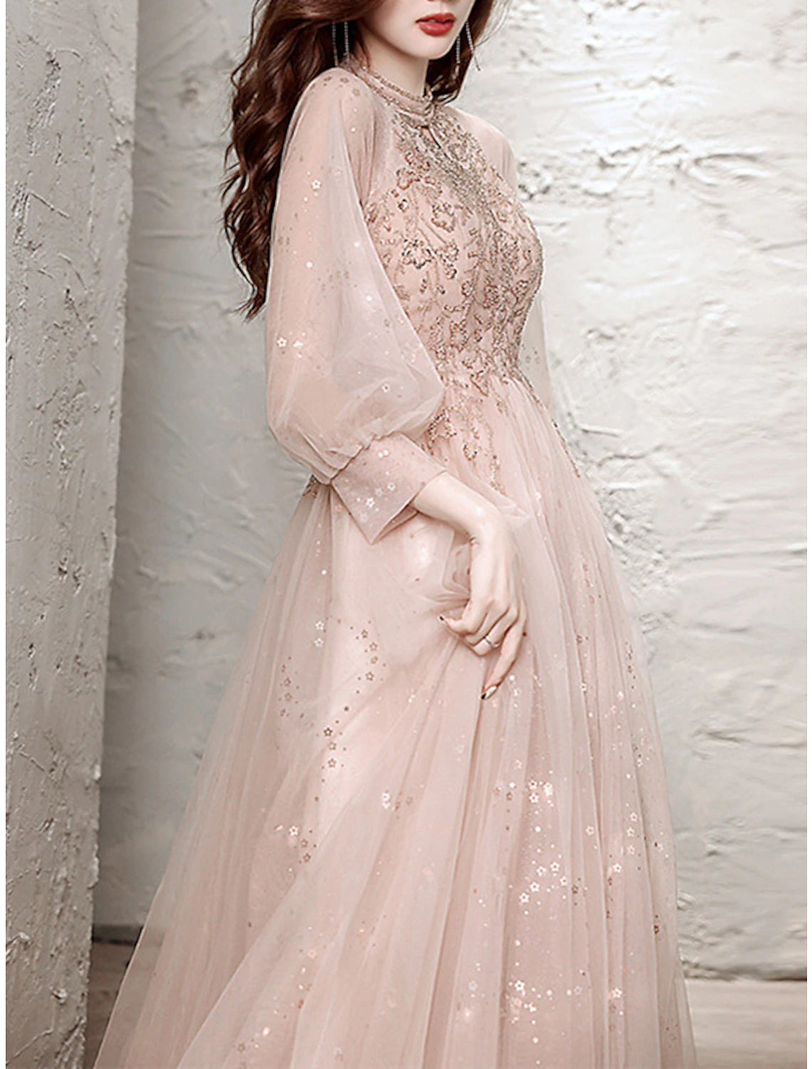 A-Line Sparkle Princess Prom Formal Evening Dress Jewel Neck Long Sleeve Floor Length Tulle with Pleats Beading Sequin