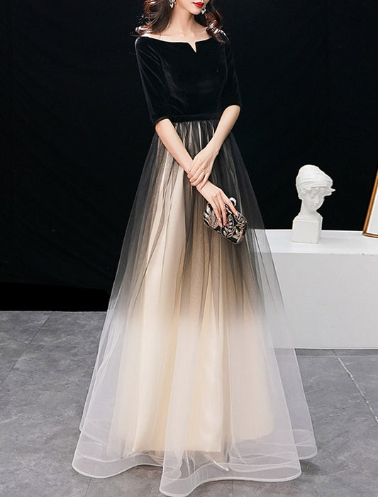 A-Line Elegant Gradient Prom Formal Evening Dress Jewel Neck Half Sleeve Floor Length Tulle with Sleek