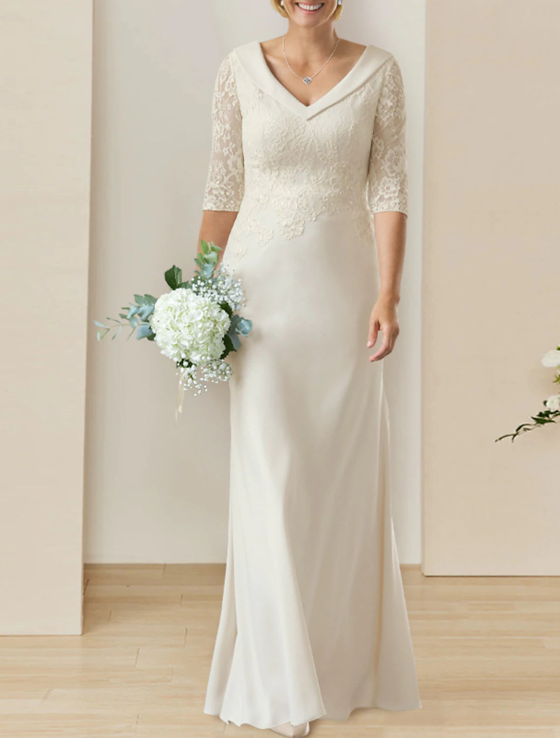 Mature Modest Wedding Dresses Sheath / Column V Neck Half Sleeve Floor Length Chiffon Bridal Gowns With Appliques Solid Color