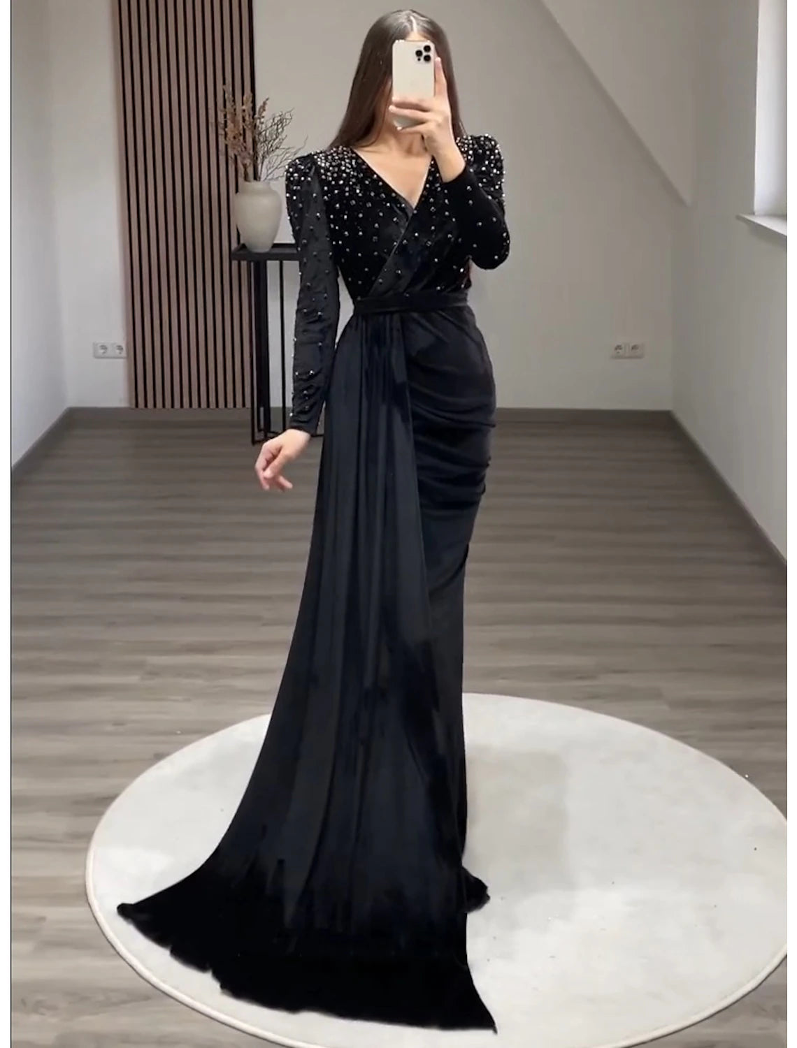 Mermaid Party Dress Evening Gown Maxi Dress Formal Black Tie Gala Floor Length Long Sleeve V Neck Fall Wedding Guest Velvet with Ruched Pearls