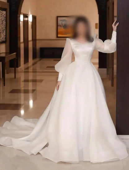 Hall Formal Wedding Dresses A-Line V Neck Long Sleeve Chapel Train Satin Bridal Gowns With Solid Color