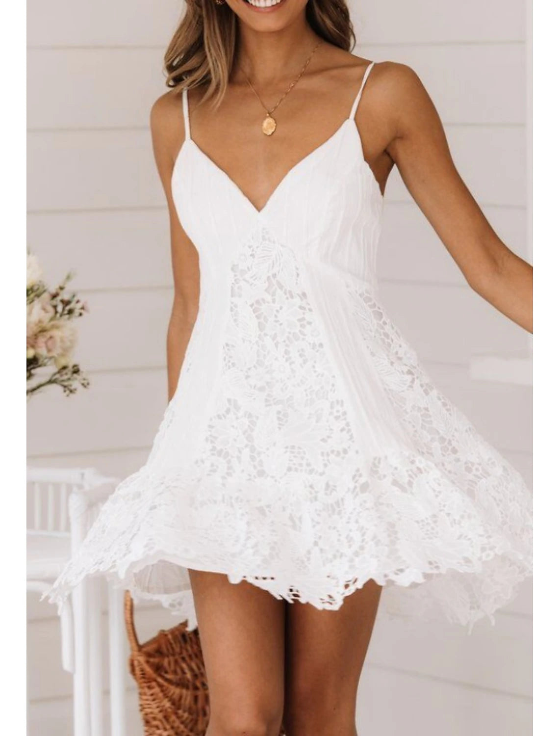 A-Line Homecoming Dresses Floral Dress Wedding Guest Holiday Short / Mini Sleeveless Spaghetti Strap Lace with Appliques