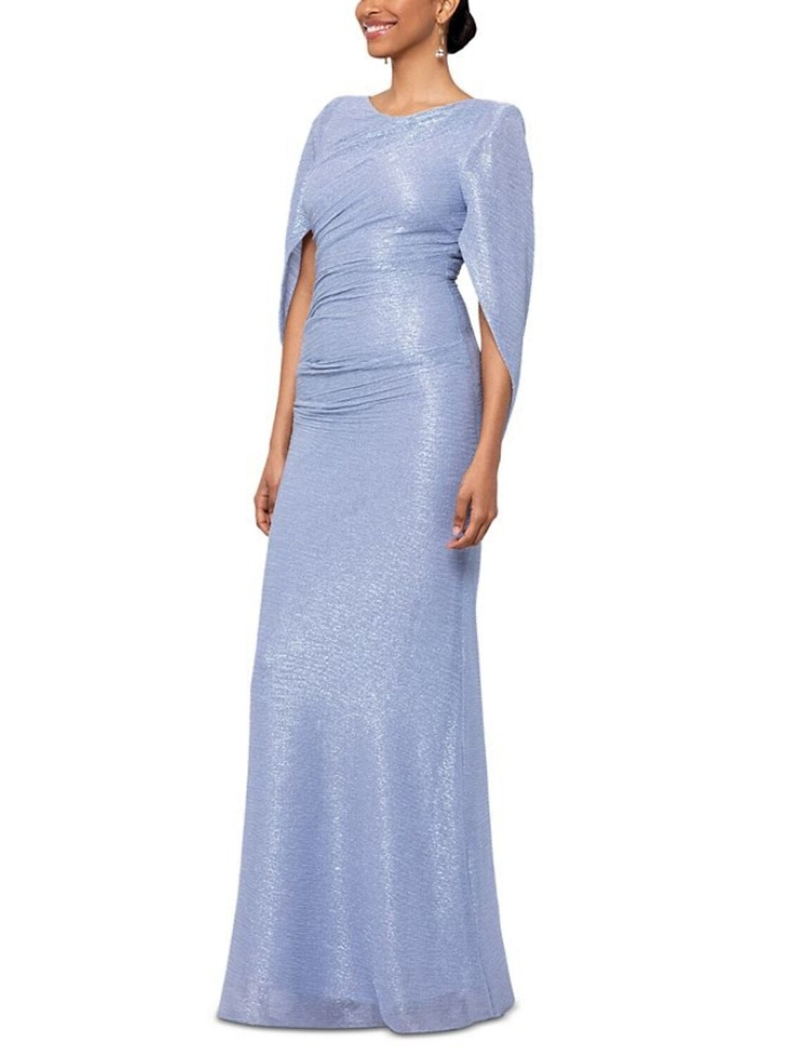 Sheath / Column Evening Gown Party Dress Formal Asymmetrical 3/4 Length Sleeve Jewel Neck Lurex Fabric with Glitter Ruched