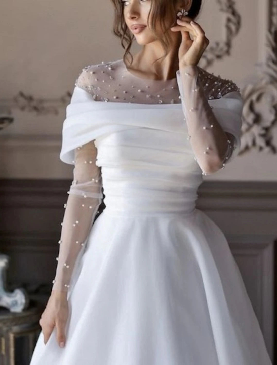 Simple Wedding Dresses Wedding Dresses A-Line V Neck Long Sleeve Court Train Chiffon Bridal Gowns With Pleats Ruched