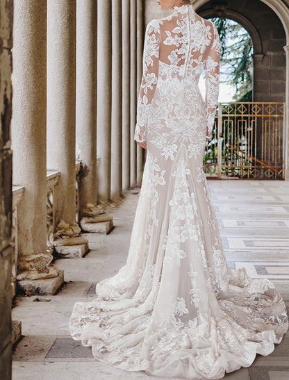 Engagement Formal Boho Wedding Dresses Mermaid / Trumpet High Neck Long Sleeve Court Train Lace Bridal Gowns With Appliques