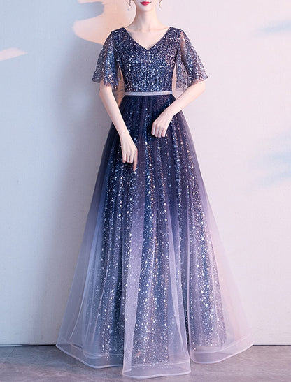 A-Line Evening Gown Glittering Dress Wedding Guest Prom Floor Length Half Sleeve V Neck Tulle with Sash / Ribbon Pleats Sequin 2024