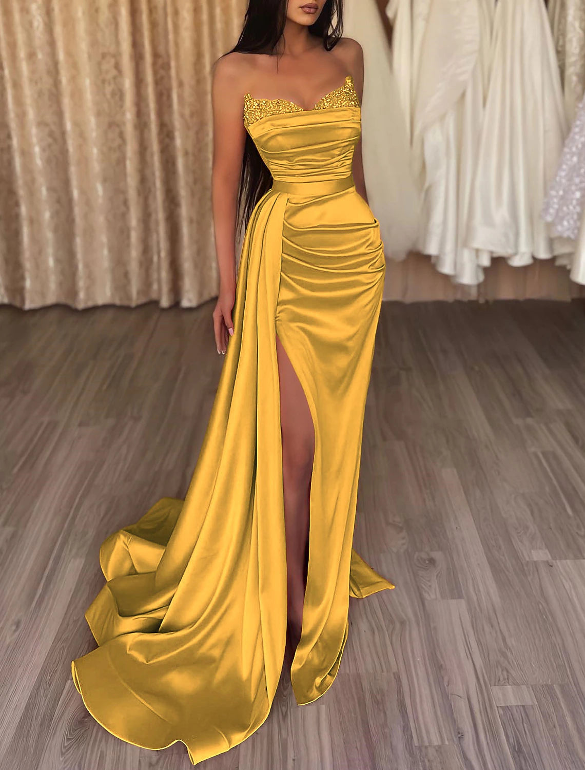 Mermaid Ruched Evening Gown Satin Dress Cocktail Party Prom Court Train Sleeveless Strapless Bridesmaid Dress with Beading Sequin Pure Color 2024