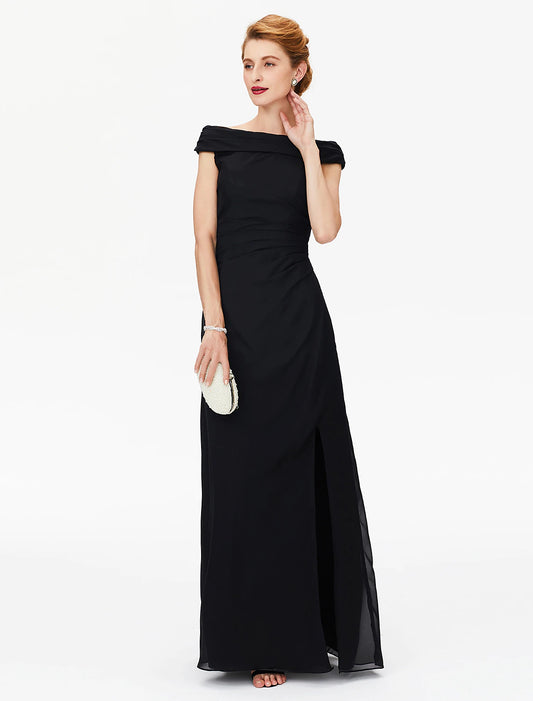 Sheath / Column Mother of the Bride Dress Furcal Off Shoulder Floor Length Chiffon Short Sleeve No with Pleats Split Front