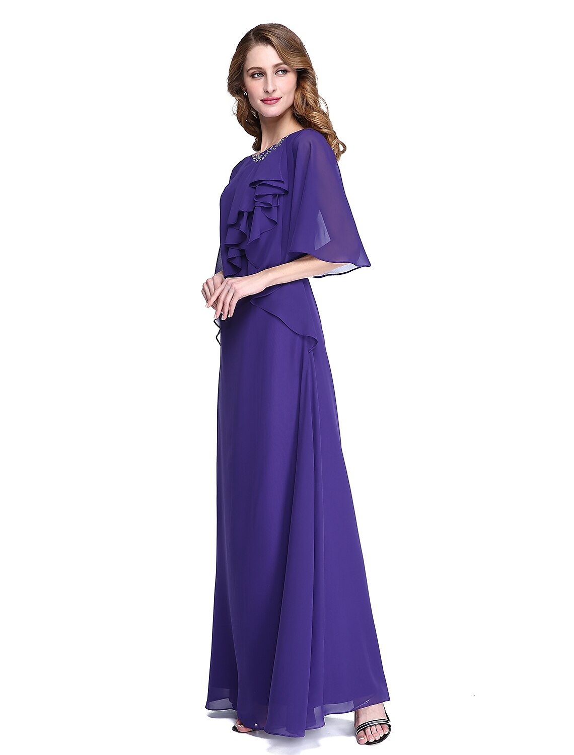 Sheath / Column Mother of the Bride Dress Elegant Open Back Jewel Neck Floor Length Chiffon Half Sleeve with Pleats Beading Ruffle