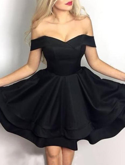 A-Line Cocktail Dresses Elegant Dress Homecoming Graduation Short / Mini Sleeveless Off Shoulder Satin with Draping