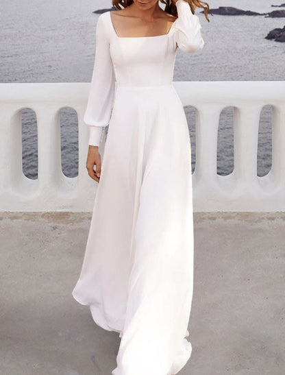 Beach Simple Wedding Dresses A-Line Square Neck Long Sleeve Sweep / Brush Train Chiffon Bridal Gowns With Solid Color 2024 Summer Wedding Party