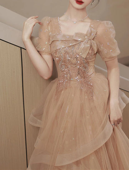 A-Line Party Dresses Elegant Dress Wedding Guest Prom Floor Length Short Sleeve Square Neck Tulle with Bow(s) Sequin