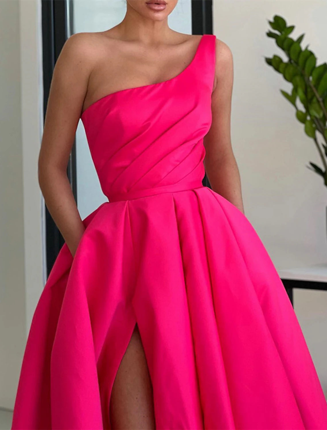 A-Line Prom Dresses Party Dress Formal Wedding Guest Sweep / Brush Train Sleeveless One Shoulder Satin with Ruched Slit 2024