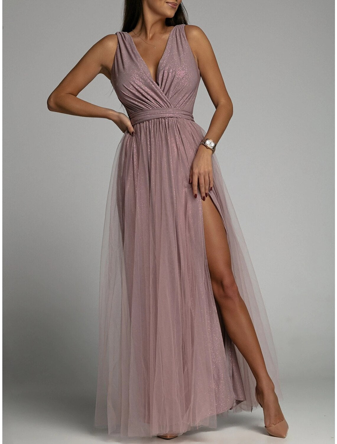 A-Line Party Dresses Sexy Dress Wedding Guest Prom Floor Length Sleeveless V Neck Polyester with Ruched Slit