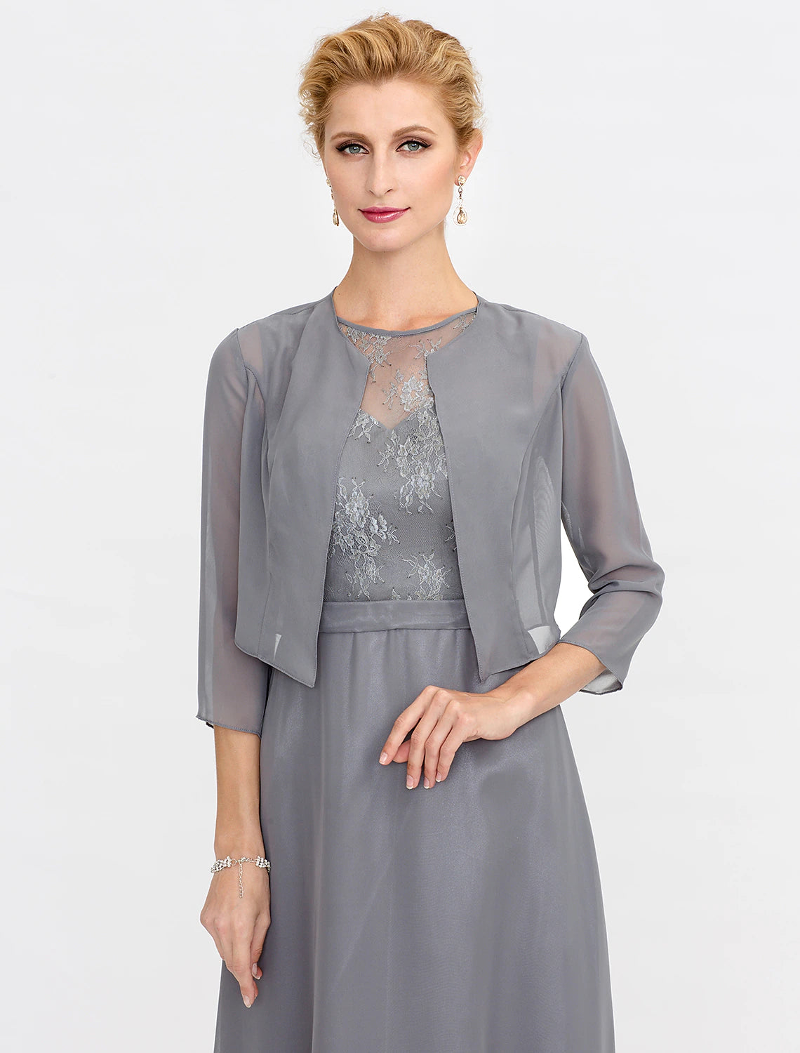 A-Line Mother of the Bride Dress Fall Wedding Guest Dresses Plus Size Elegant Illusion Neck Tea Length Chiffon Corded Lace Sleeveless Wrap Included with Lace Pleats