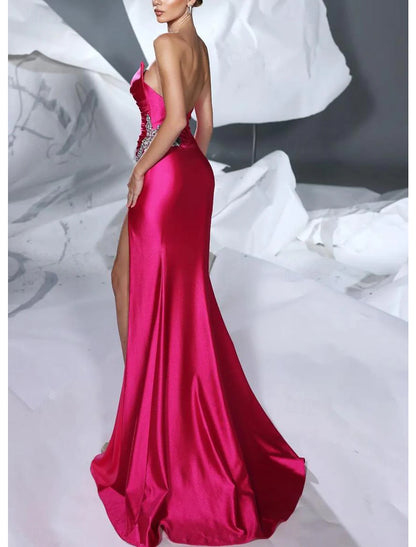 A-Line Prom Dresses Elegant Dress Formal Prom Floor Length Sleeveless Strapless Satin with Glitter Ruched Sequin