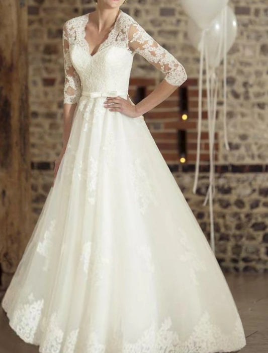 Engagement Formal Wedding Dresses A-Line V Neck Half Sleeve Floor Length Lace Bridal Gowns With Appliques