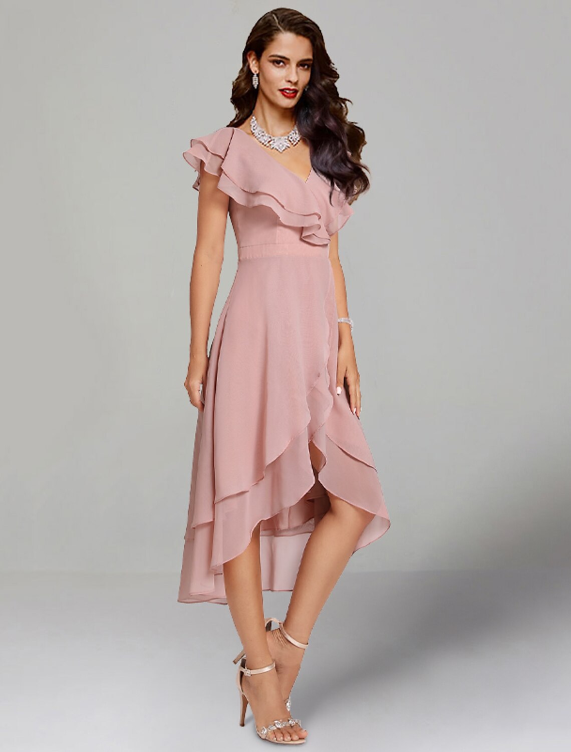 A-Line Wedding Guest Dresses Elegant Dress Cocktail Party Semi Formal Tea Length Short Sleeve V Neck Chiffon with Slit