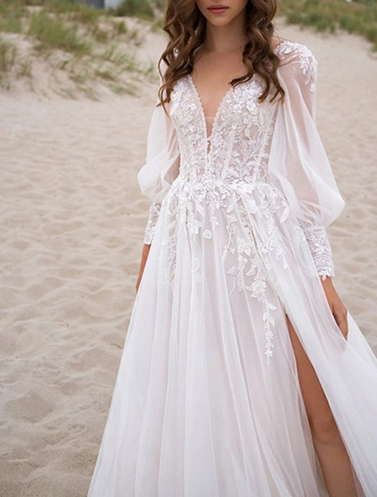 Beach Boho Wedding Dresses A-Line V Neck Long Sleeve Court Train Lace Bridal Gowns With Appliques Split Front