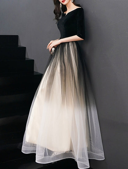 A-Line Elegant Gradient Prom Formal Evening Dress Jewel Neck Half Sleeve Floor Length Tulle with Sleek