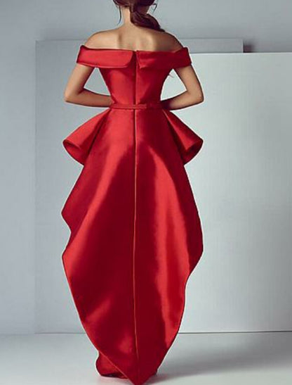 Sheath / Column Beautiful Back Prom Formal Evening Valentine's Day Dress Off Shoulder Short Sleeve Floor Length Satin with Ruffles Tier 2024