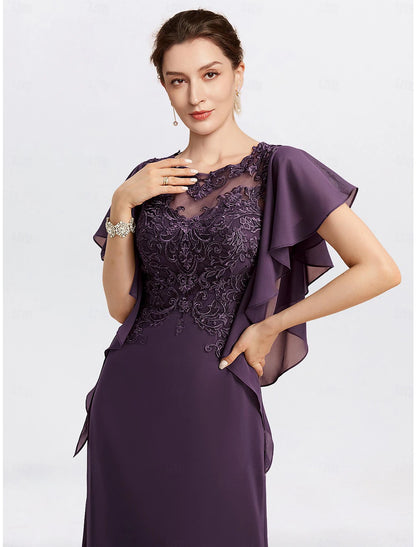 Sheath Mother of the Bride Dress Cape Dress Formal Wedding Guest Elegant Jewel Neck Floor Length Chiffon Short Sleeve with Beading Appliques