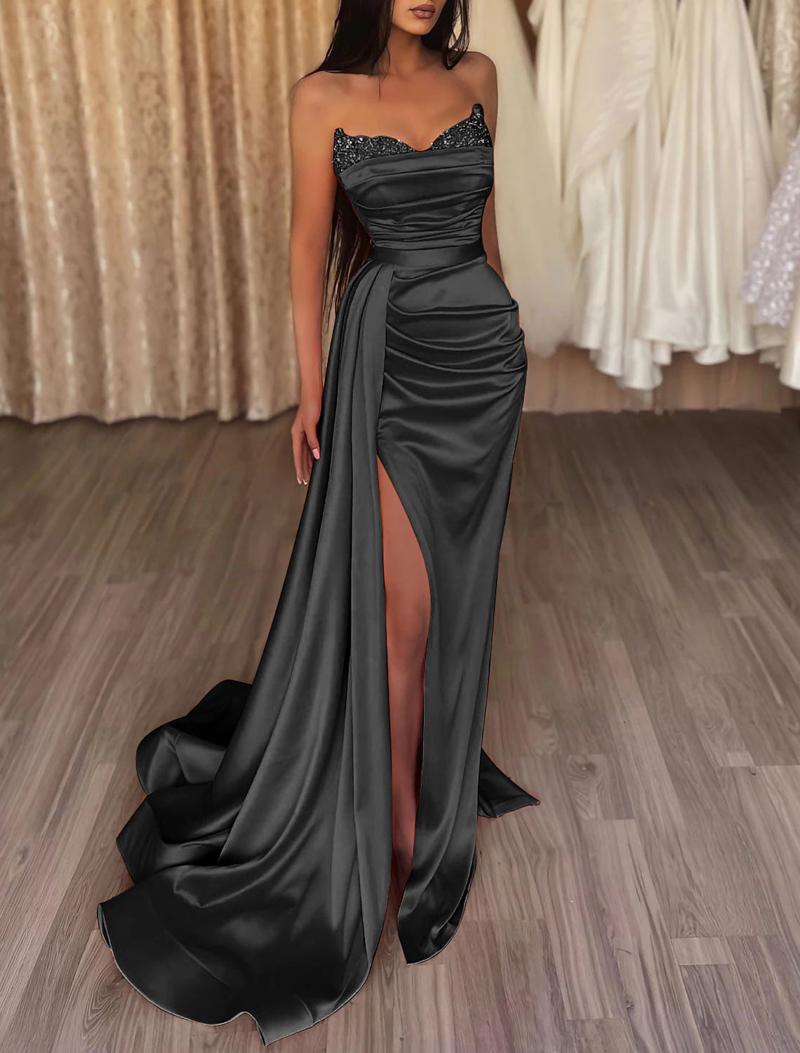 Mermaid Ruched Evening Gown Satin Dress Cocktail Party Prom Court Train Sleeveless Strapless Bridesmaid Dress with Beading Sequin Pure Color 2024