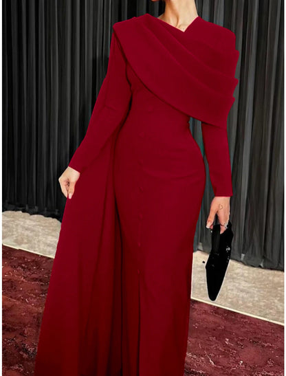 Sheath / Column Red Black Christmas Red Green Dress Evening Gown Elegant Cape Dress Formal Fall Sweep / Brush Train Long Sleeve Cowl Neck Stretch Fabric with Buttons Slit 2024