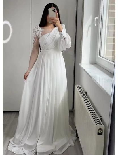 Little White Dresses Wedding Dresses A-Line Boat Neck Long Sleeve Floor Length Chiffon Bridal Gowns With Pleats Appliques