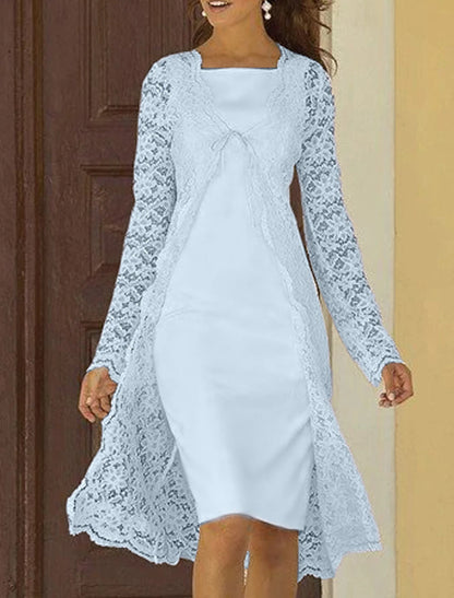 Two Piece Sheath / Column Mother of the Bride Dress Wedding Guest Church Elegant Square Neck Knee Length Chiffon Lace Sleeveless Jacket Dresses with Solid Color