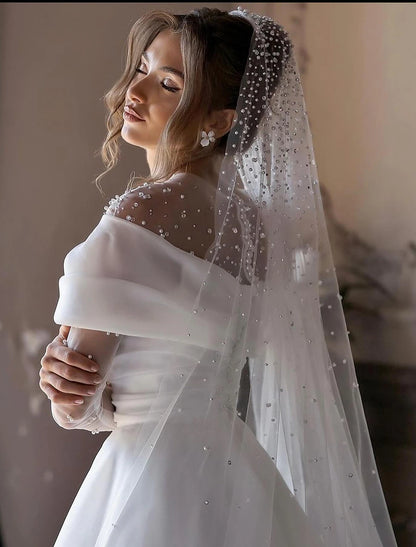 Simple Wedding Dresses Wedding Dresses A-Line V Neck Long Sleeve Court Train Chiffon Bridal Gowns With Pleats Ruched