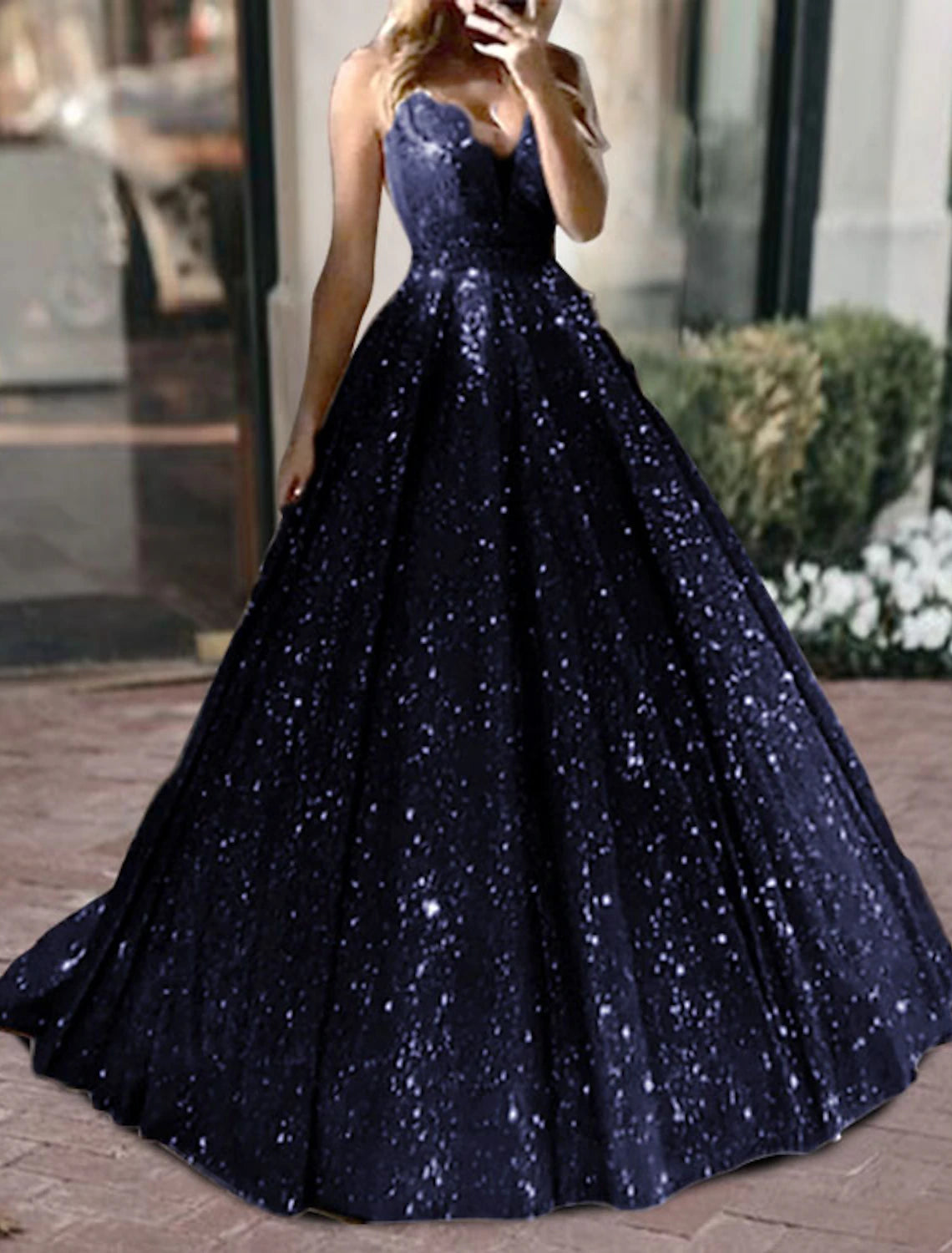 Ball Gown Glitter Prom Black Dress Luxurious Tulle Sparkly Dress For Wedding Party Quinceanera Sweep / Brush Train Sleeveless V Neck Tulle V Back with Sequin 2024