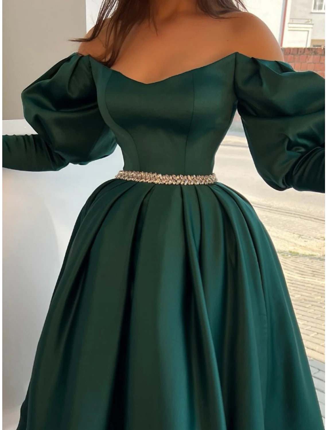 A-Line Evening Gown Elegant Dress Formal Tea Length Christmas Red Green Dress Long Sleeve Off Shoulder Satin with Pleats Crystals 2024