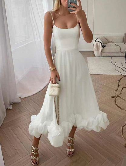 A-Line Party Dresses Tiered Plisse Dress Wedding Guest Homecoming Tea Length Sleeveless Spaghetti Strap Polyester with Fringe