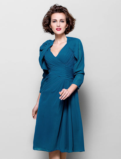 A-Line Mother of the Bride Dress Wrap Included V Neck Knee Length Chiffon 3/4 Length Sleeve with Criss Cross Side Draping Flower