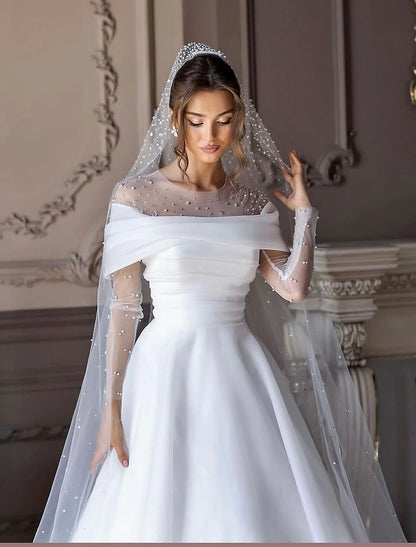 Simple Wedding Dresses Wedding Dresses A-Line V Neck Long Sleeve Court Train Chiffon Bridal Gowns With Pleats Ruched