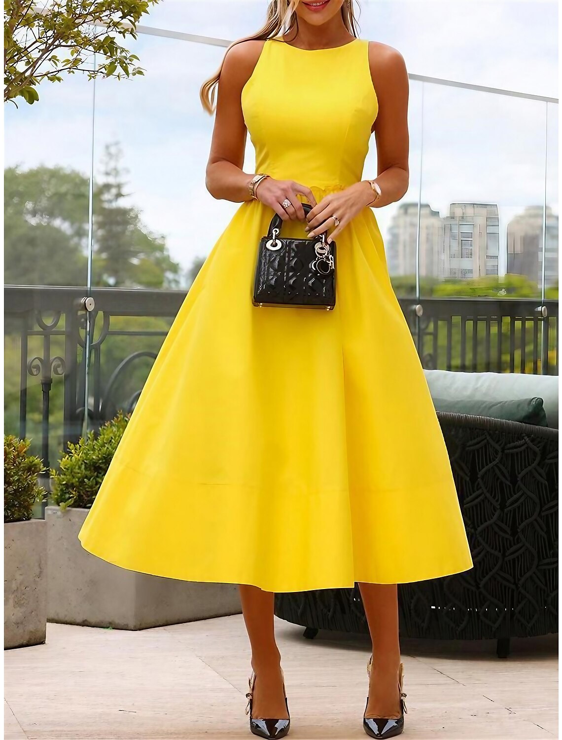 Women's Party Dress Homecoming Dress Cocktail Dress Midi Dress Yellow Sleeveless Pure Color Ruched Summer Spring Crew Neck Fashion Wedding Guest Vacation Summer Dress