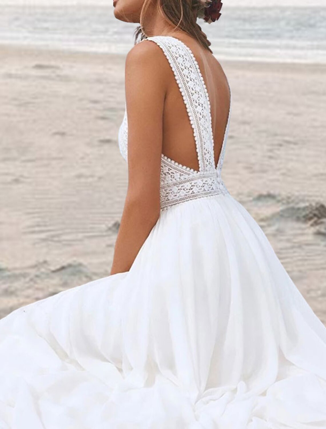 Beach Open Back Boho Wedding Dresses A-Line V Neck Sleeveless Floor Length Chiffon Bridal Gowns With