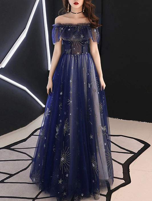 A-Line Sparkle Prom Formal Evening Dress Off Shoulder Short Sleeve Floor Length Tulle with Beading Pattern / Print