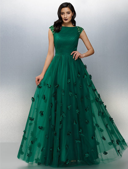 A-Line Floral Dress Wedding Guest Prom Floor Length Short Sleeve Boat Neck Tulle with Crystals Appliques 2024