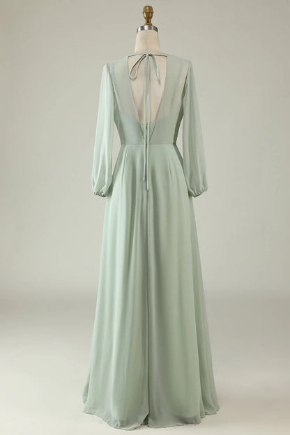 Mint color long sleeved wedding guest dress