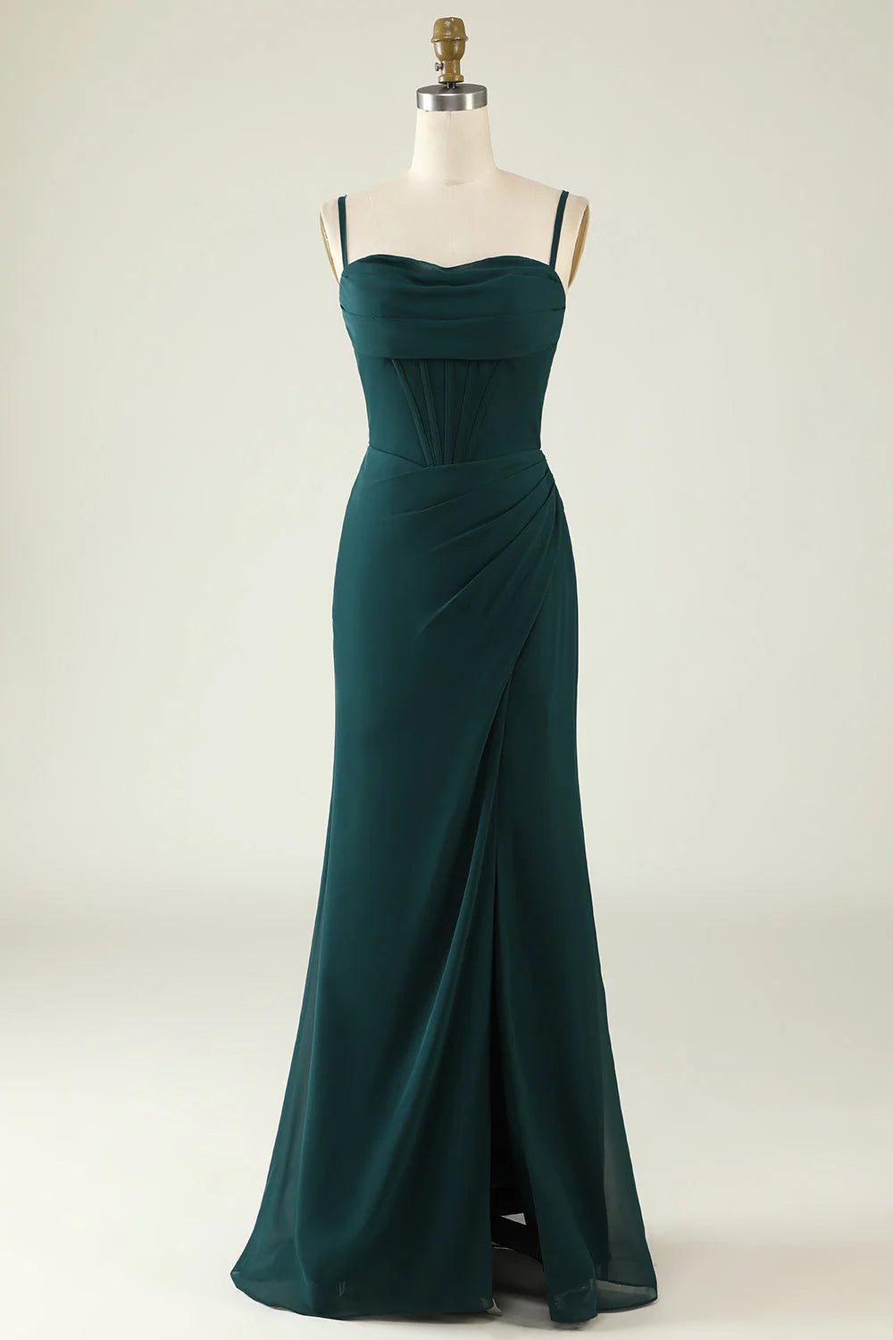 Front slit tight fitting thin shoulder strap deep green long wedding guest dress