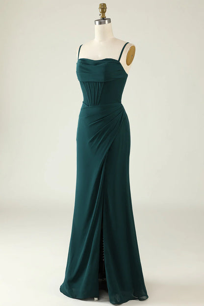 Front slit tight fitting thin shoulder strap deep green long wedding guest dress