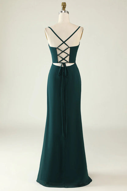 Front slit tight fitting thin shoulder strap deep green long wedding guest dress