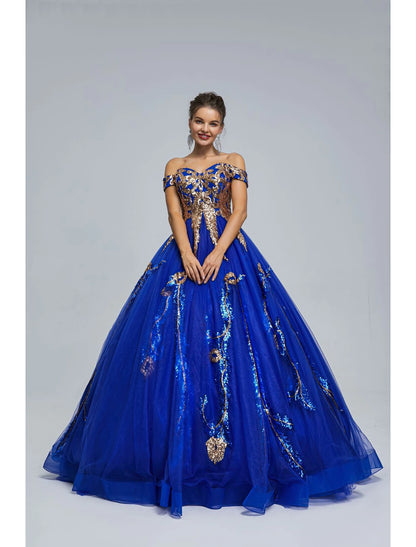 Ball Gown Prom Dresses Sparkle & Shine Dress Quinceanera Floor Length Sleeveless Off Shoulder Tulle with Sequin