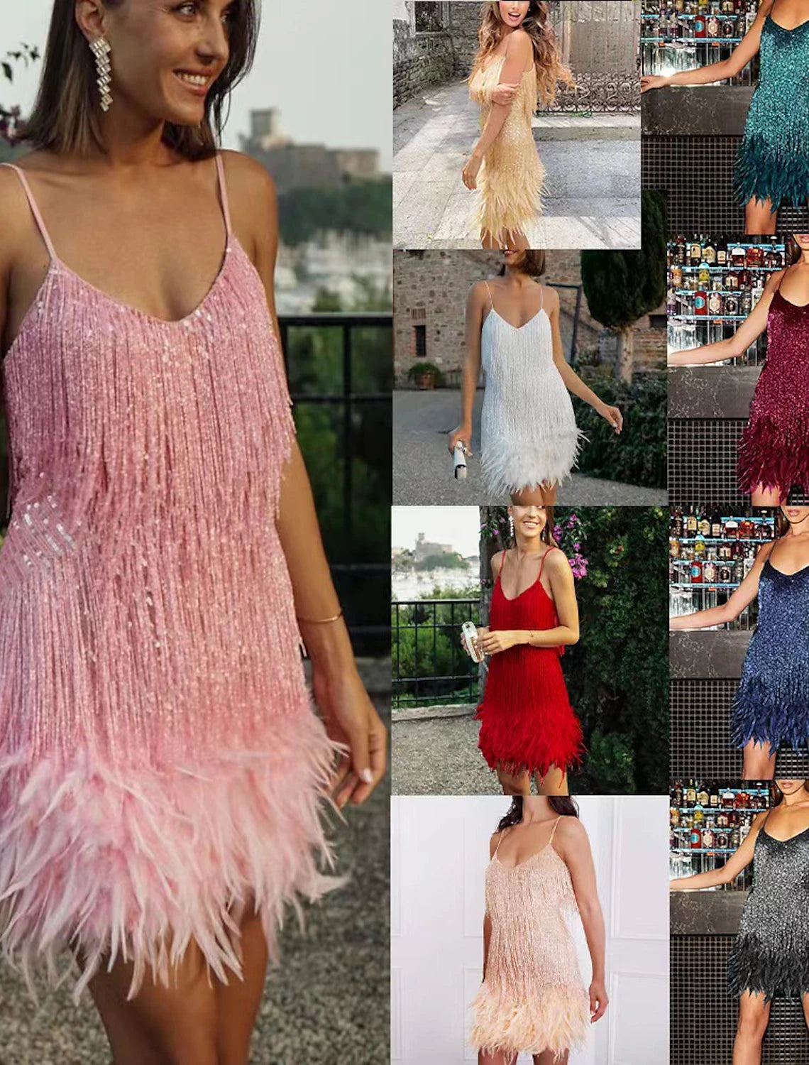 A-Line Party Dresses Sparkle & Shine Dress Prom Wedding Party Short / Mini Sleeveless Spaghetti Strap Sequined with Feather Fringe Sequin