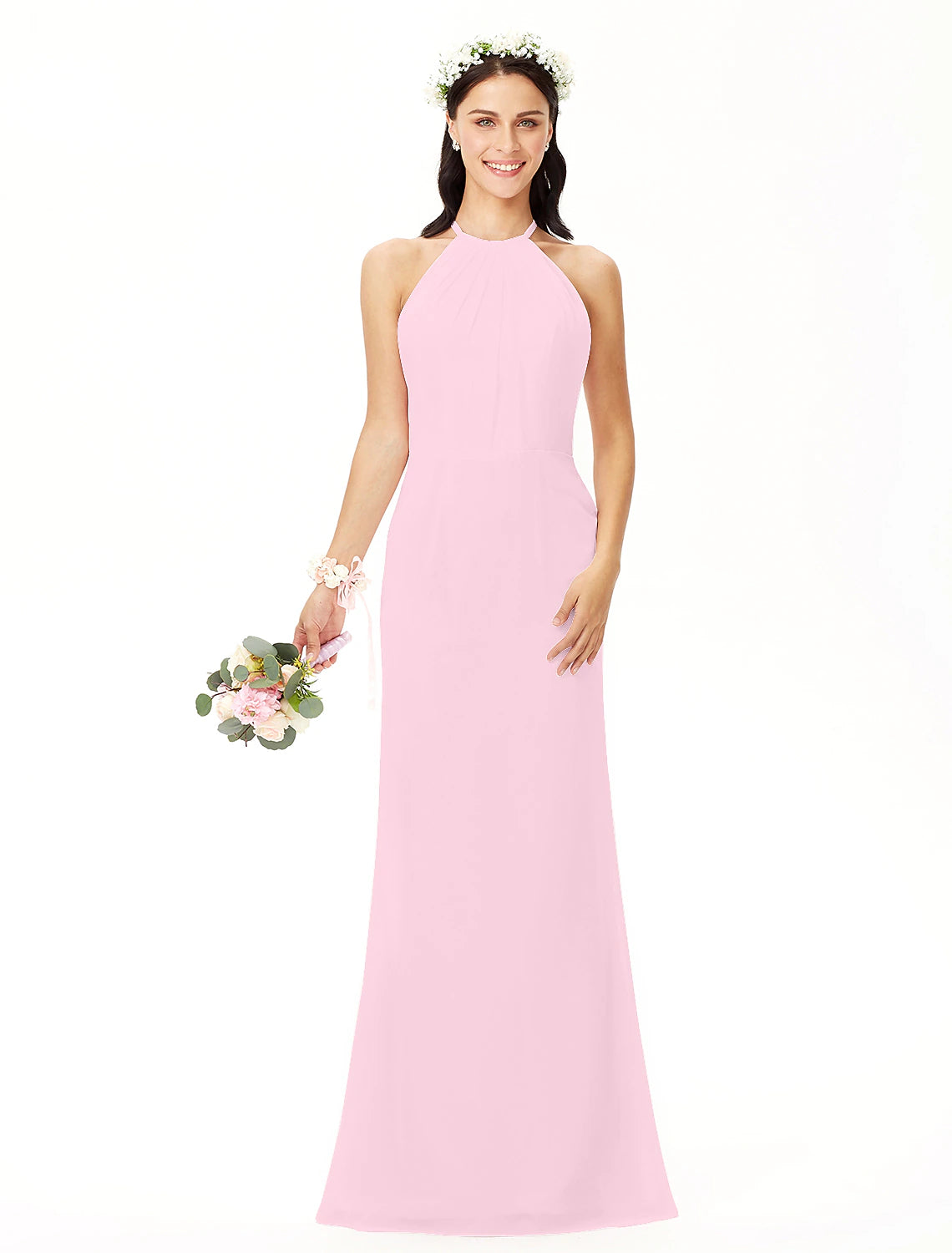 Sheath / Column Bridesmaid Dress Jewel Neck Sleeveless Elegant Floor Length Chiffon with Pleats