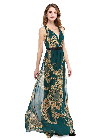 A-Line Mother of the Bride Dress Floral Open Back V Neck Floor Length Chiffon Sleeveless No with Sash / Ribbon