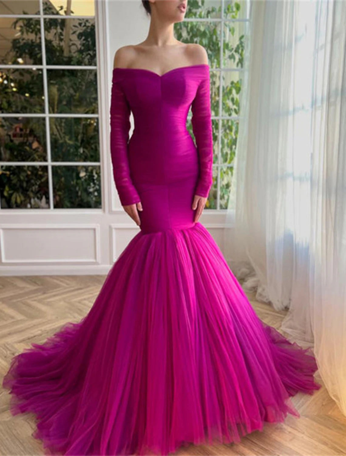 Mermaid Formal Red Green Dress Evening Gown Elegant Dress Wedding Guest Wedding Party Court Train Long Sleeve Off Shoulder Tulle with Ruched